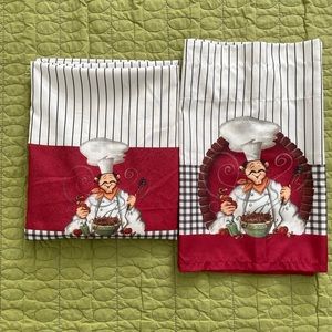 Mainstay gingham w/red & white w/ black stripe Kitchen Curtain with Chef pic